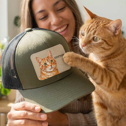 Custom Pet Portrait Leather Patch Trucker Hat, Dog Mom Dad Gift