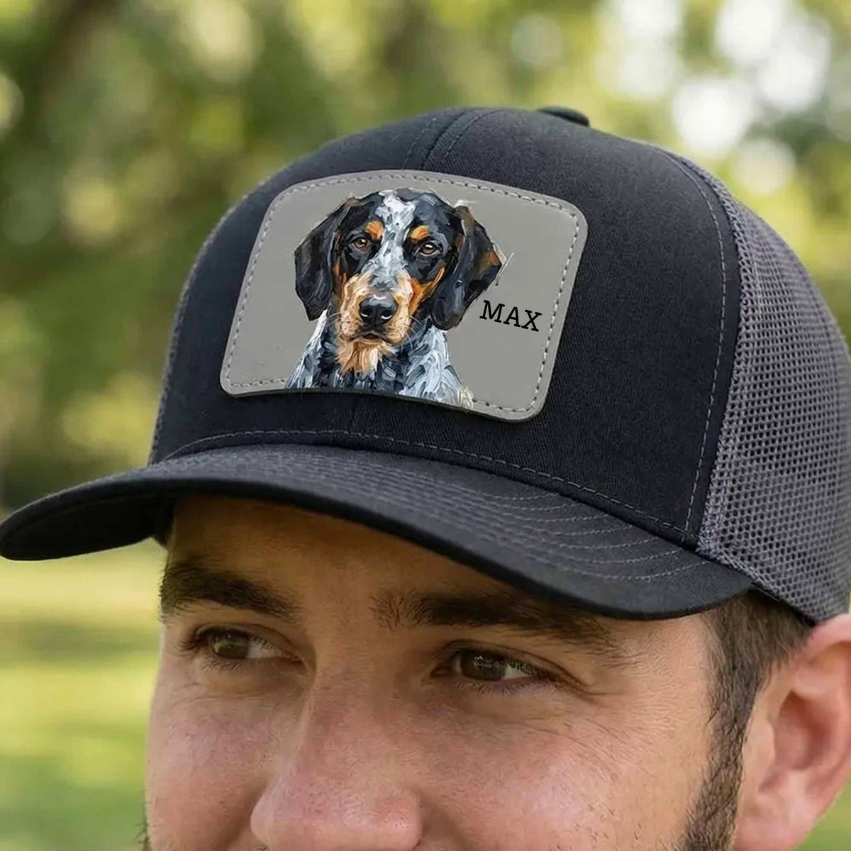 Custom Pet Portrait Leather Patch Trucker Hat, Dog Mom Dad Gift
