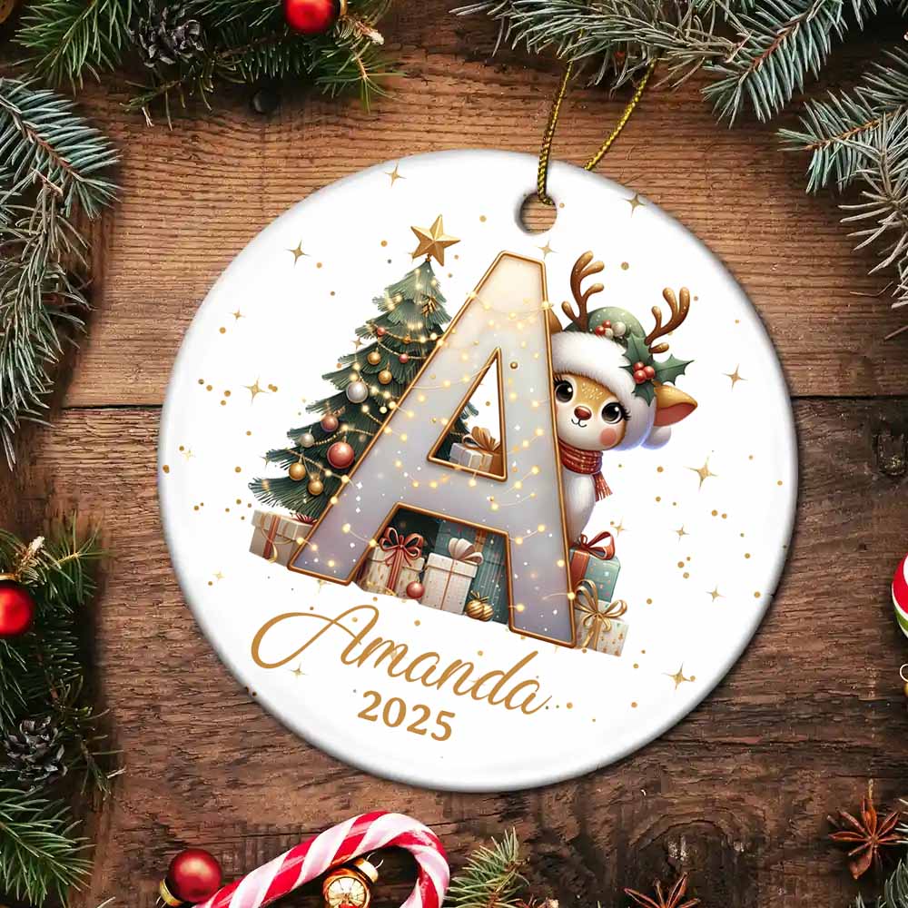 Personalized Reindeer and Christmas Tree Initial Ornament