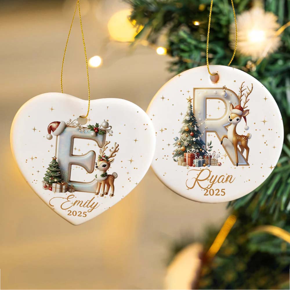 Personalized Reindeer and Christmas Tree Initial Ornament