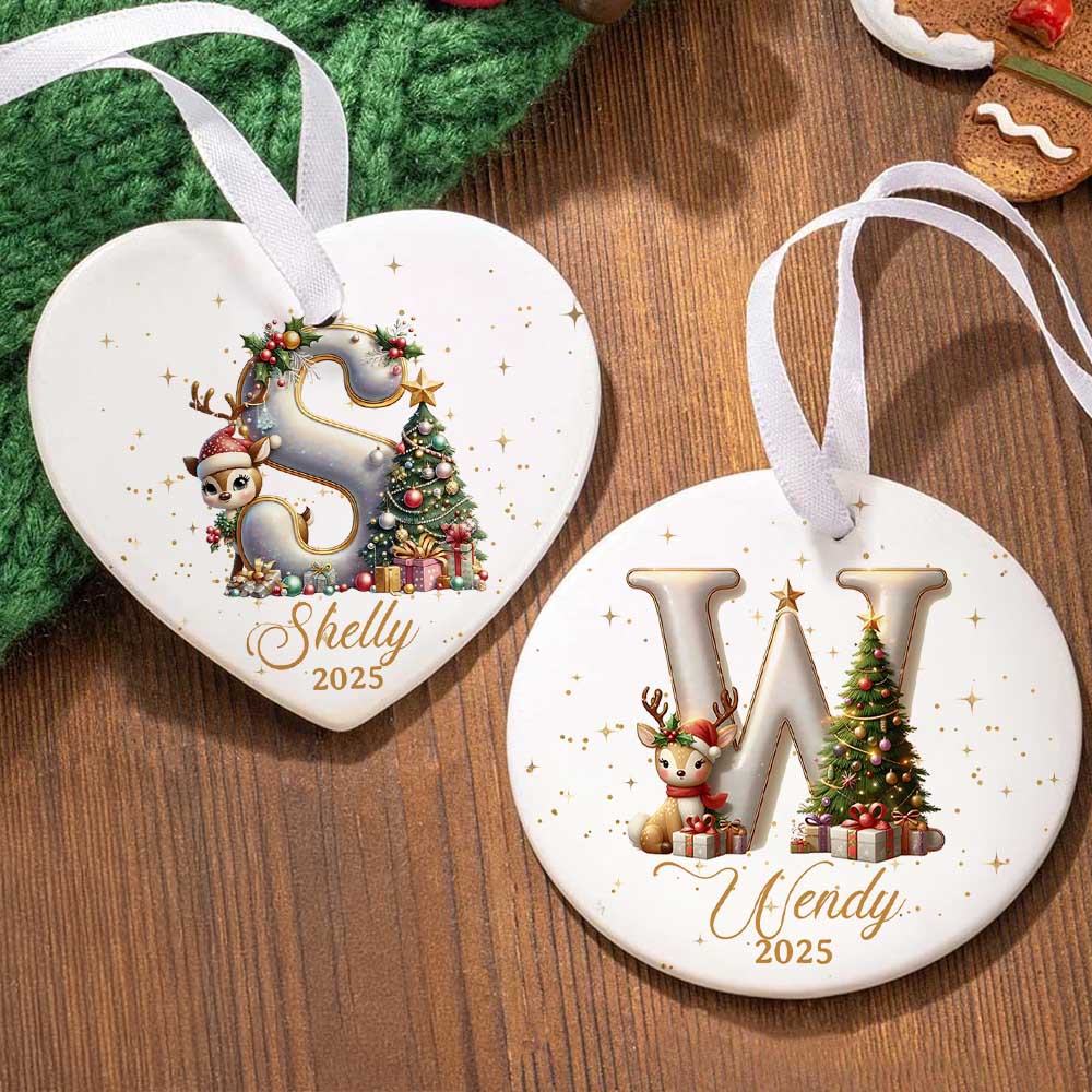 Personalized Reindeer and Christmas Tree Initial Ornament