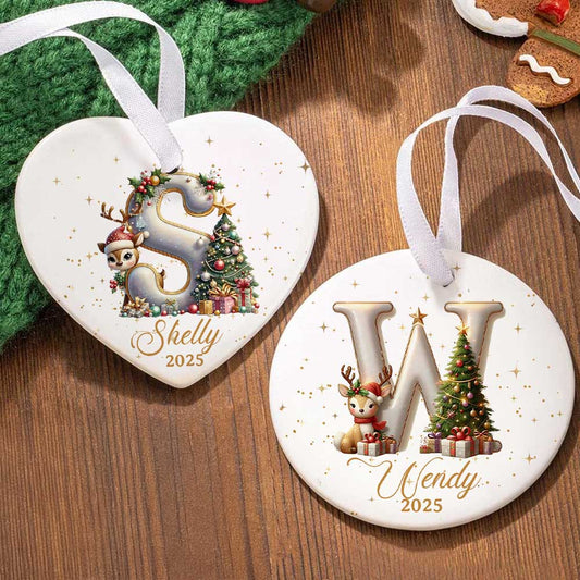 Personalized Reindeer and Christmas Tree Initial Ornament