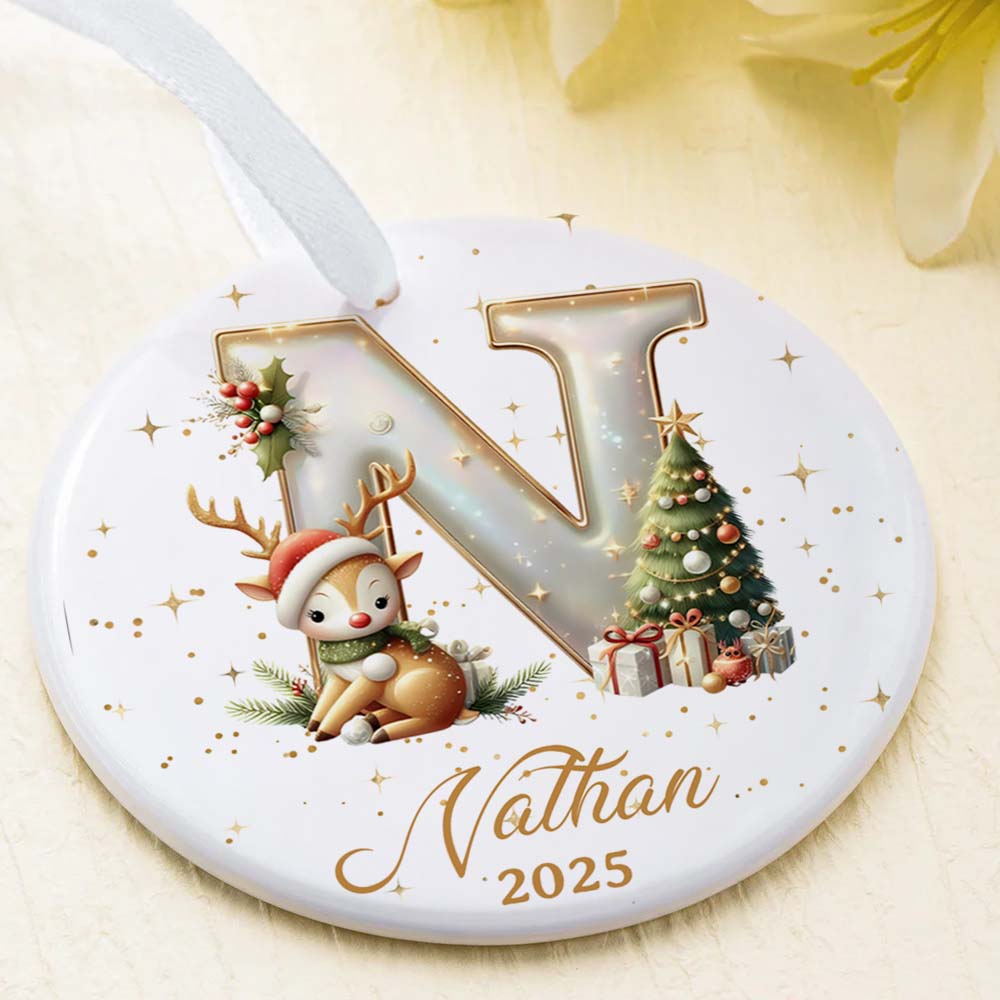 Personalized Reindeer and Christmas Tree Initial Ornament