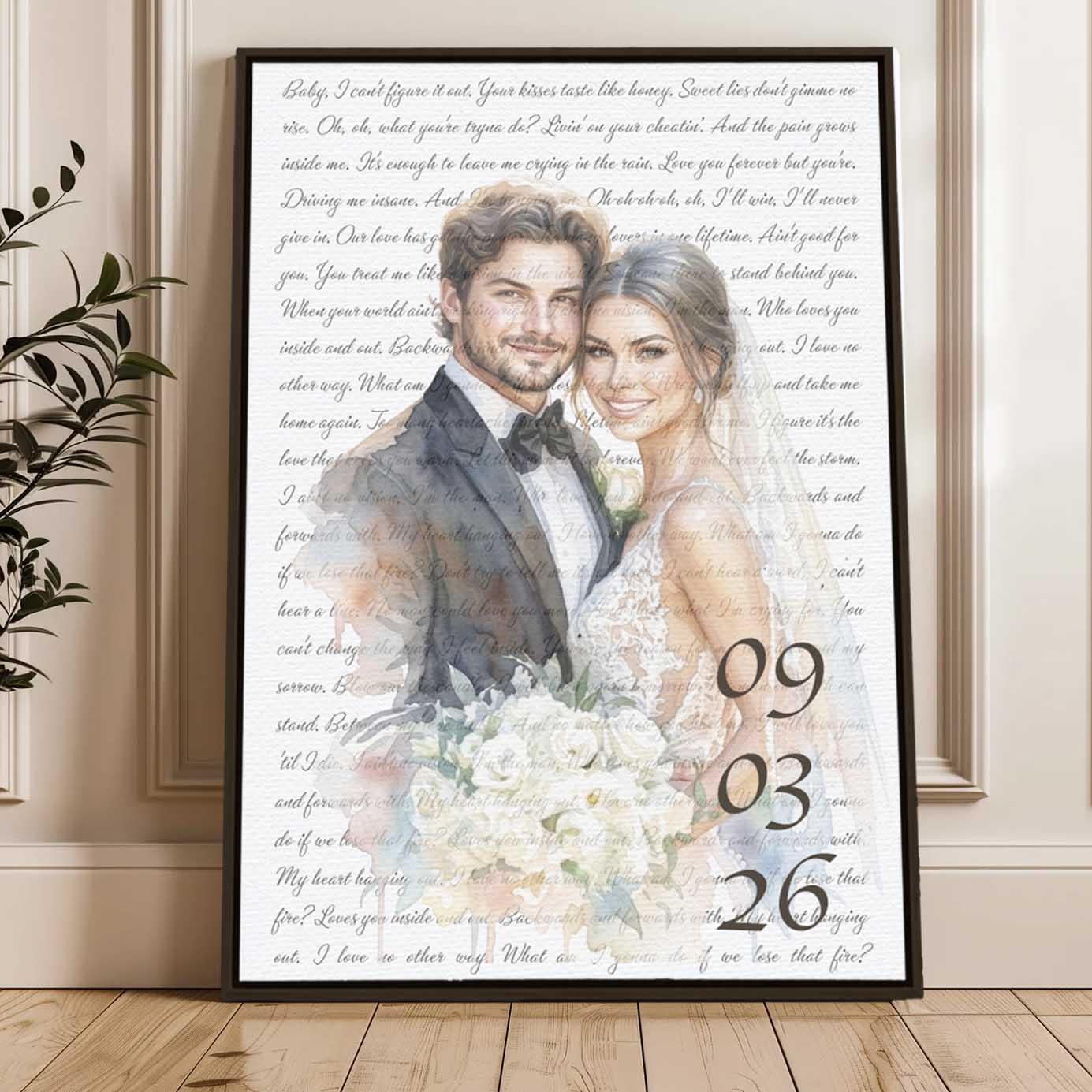 Custom Watercolor Couple Portrait with Song Lyrics Wedding Anniversary Canvas Poster
