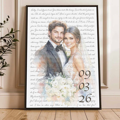 Custom Watercolor Couple Portrait with Song Lyrics Wedding Anniversary Canvas Poster