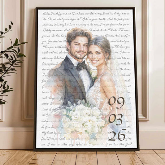 Custom Watercolor Couple Portrait with Song Lyrics Wedding Anniversary Canvas Poster