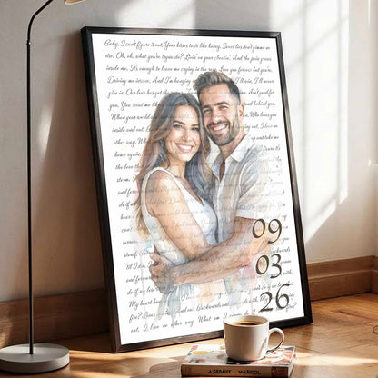 Custom Watercolor Couple Portrait with Song Lyrics Wedding Anniversary Canvas Poster