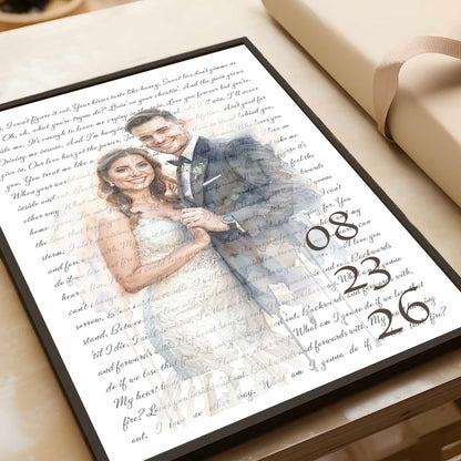 Custom Watercolor Couple Portrait with Song Lyrics Wedding Anniversary Canvas Poster