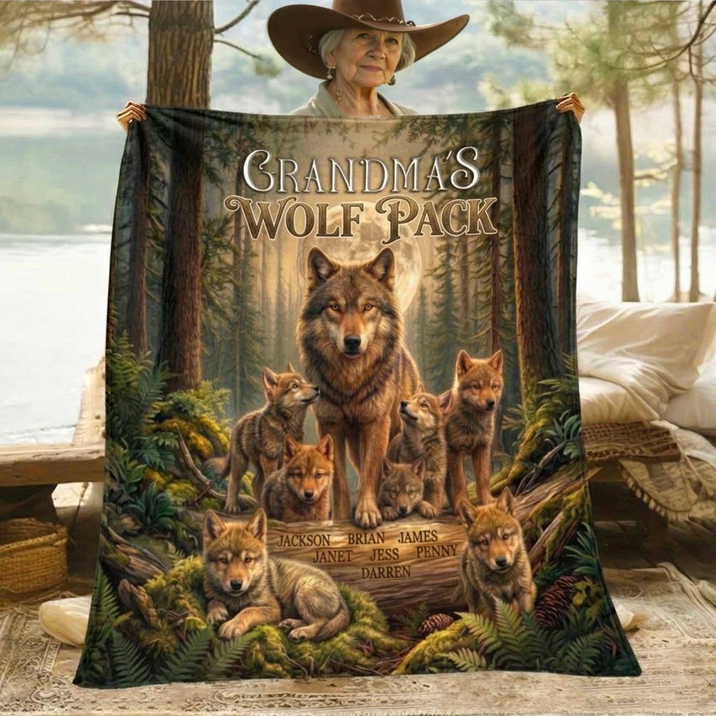 Custom Name Wolf Pack Sherpa Blanket Gift for Mom Dad Grandparents